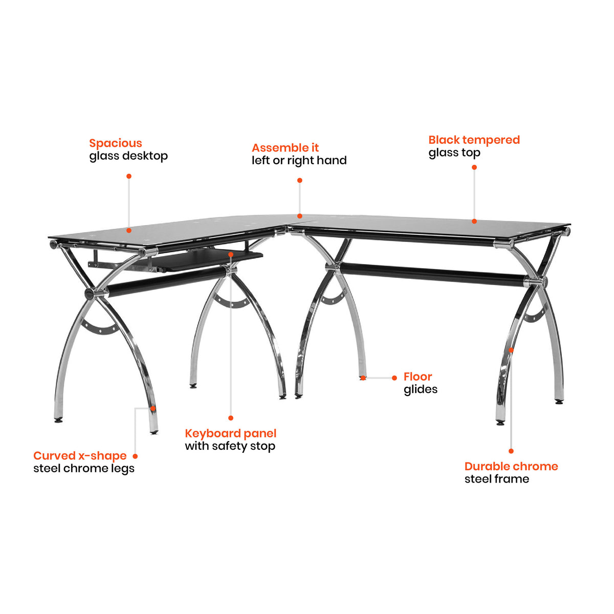 Premium LShape Glass Desk Black Office Tailor